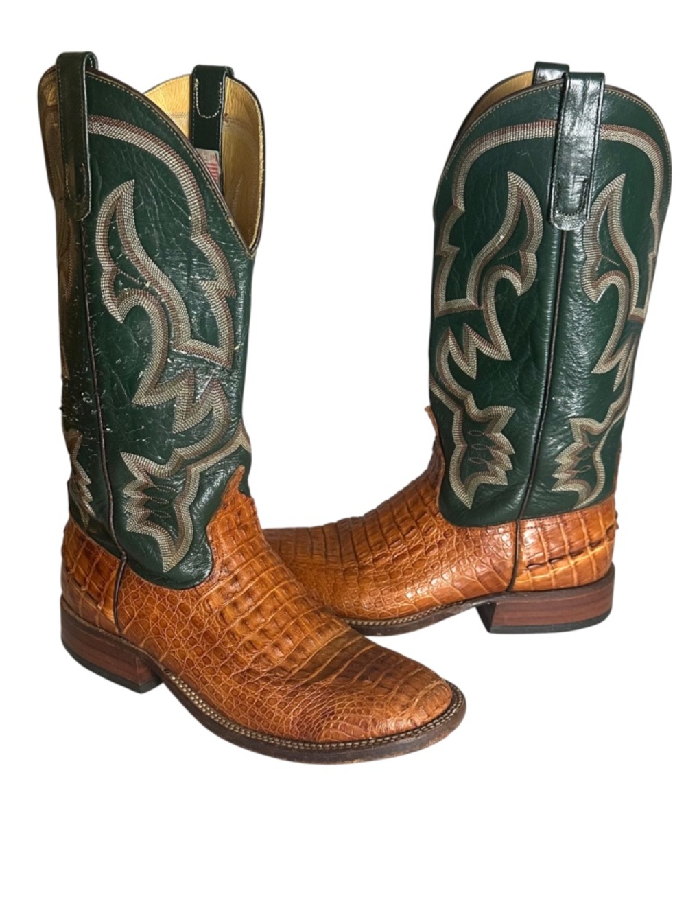 Anderson Bean Caiman Cowboy Boots Sz 8.5 D Green Brown Western Alligator USA